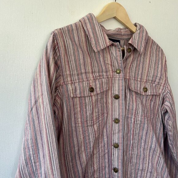 Denim & Co Jacket Womens Large Red Striped Collared Lightweight Denim Buttons - Picture 2 of 5